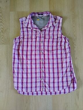 Eddie Bauer Pink and White Plaid Sleeveless Button-Up